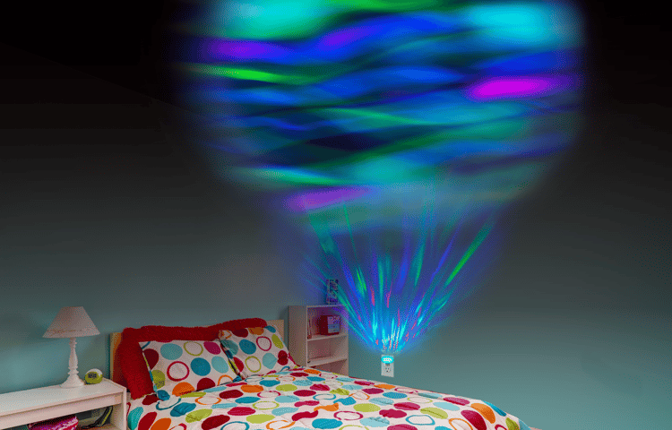 Space Nebula and the Northern Lights slowly move across a ceiling or wall to help promote sleep.