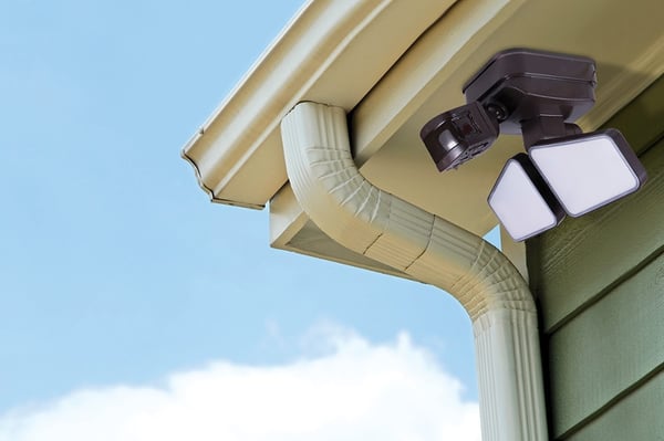 GE Enbrighten LED Security Lights can be mounted on eaves of home for downward directional lighting. 